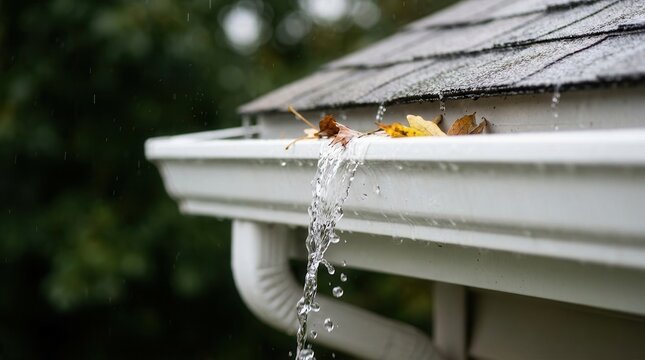 Rainwater flows cleanly from a maintained residential rain gutter, highlighting the wet roofline and a functional channel during a rainy period.