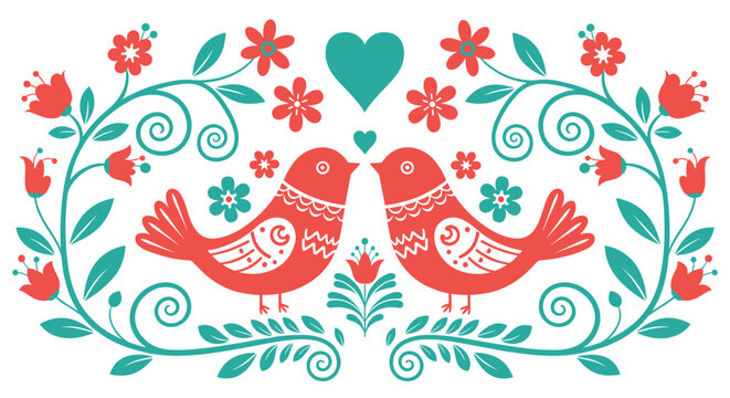 Charming folk art illustration of two red birds facing each other with a teal heart above surrounded by decorative