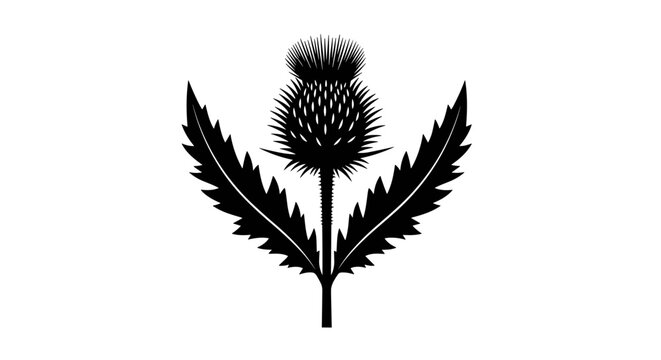 Stylized silhouette of a scottish thistle with jagged leaves against a clean white background emblematic national