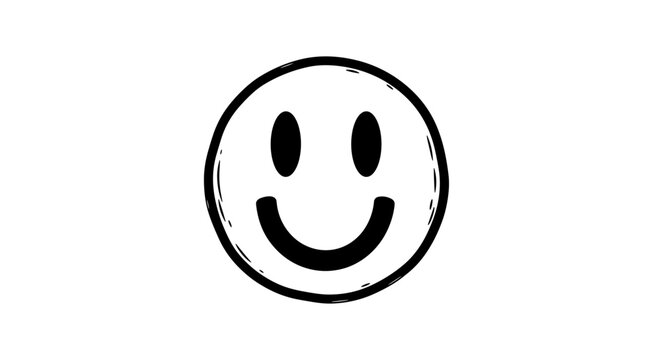 Simple hand drawn smiley face icon with distressed brush stroke texture conveying happiness and positivity isolated