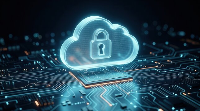 A secure, glowing cloud featuring a padlock hovers over a futuristic circuit board, representing data sovereignty and code compliance.