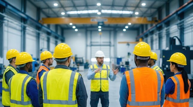 Team of industrial workers, equipped with hardhats and high-visibility vests, receive instructions on job hazard analysis from a safety auditor in a warehouse.