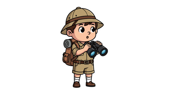 Curious young boy explorer in safari outfit with backpack and binoculars ready for adventure and discovery in the wild