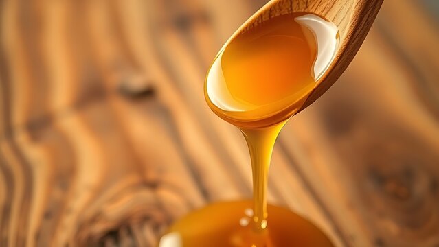 libertarianism. Golden honey dripping from a wooden spoon against a natural wood background. menu design, packaging mockups, designed for culinary blogs and recipe cards for restaurants.