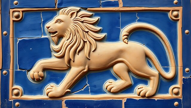 ishtar. Glazed brick relief of a lion against lapis lazuli blue background with gold accents, intricate patterns. event programs.