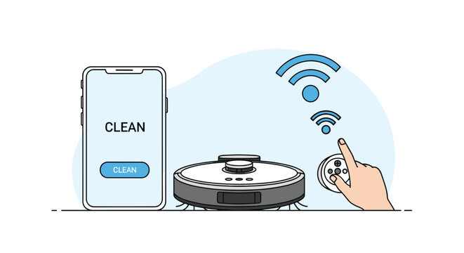 Illustration of a smart robot vacuum cleaner being controlled by a smartphone app and a remote control via wifi signal.