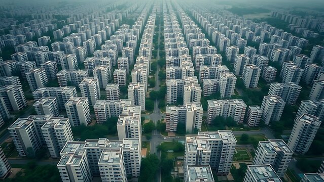 particularity. Aerial view of identical residential buildings stretching to the horizon under hazy skies. real-estate listings.