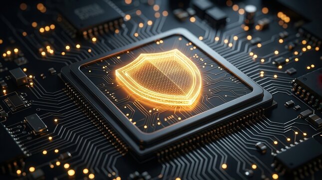Illustrating network protection, a glowing shield adorns a central chip on a high-tech circuit board for cybersecurity monitoring.