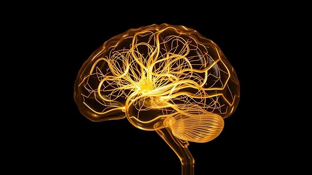 shortcoming. Translucent glass brain sculpture with glowing golden filaments inside. product launch decks, UI/UX mockups, designed for product launches and innovation pitches, used by copywriters.