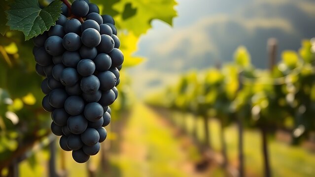 generality. A single cluster of Cabernet Sauvignon grapes glistening with dew in a vineyard under soft sunlight. gardening catalogs, home-decor guides, designed for home decor and floral branding.