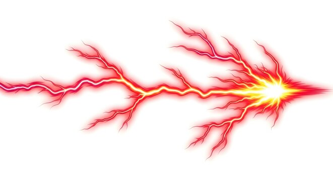 A vibrant red lightning bolt electrifies the air with its bright yellow core and branching tendrils.