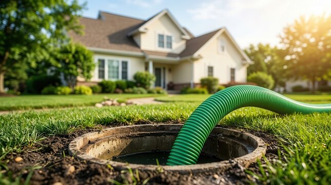 Depicting critical drainage and sewer cleaning, a green corrugated hose descends into an open manhole on a well-maintained residential lawn.