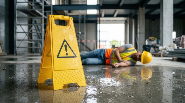 Depiction of a workplace slip and fall accident where an injured construction worker lies on a slick site, highlighted by a wet floor warning sign, conveying a personal injury claim scenario.
