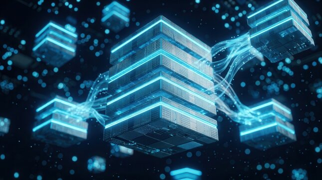 Data flow between database nodes is visualized by glowing layered server stacks on a circuit-like surface, depicting database migration.