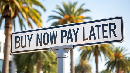 Fototapeta premium Buy now pay later street sign with palm trees consumerism commerce shopping financial transaction