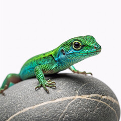 Fototapeta premium Vivid green lizard perched on smooth gray rock in natural daylight