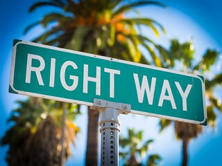 Fototapeta premium Right way street sign with palm trees correct path direction decision guidance correctness progress