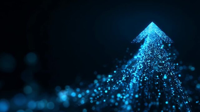Abstract digital arrow of light blue glowing particles moving upward on dark background representing progress, growth, success, data flow, and technological advancement.