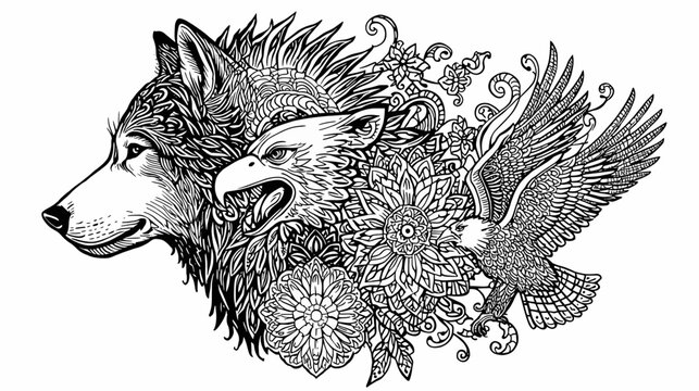 Intricate black and white illustration of a wolf and eagles adorned with detailed ornamental patterns and floral motifs.