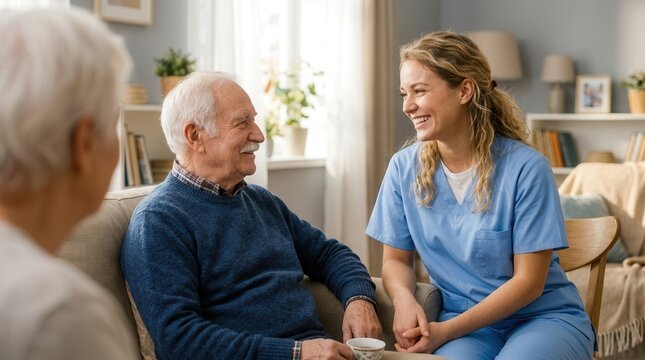 A home health caregiver offers compassionate support, companionship, and nursing assistance to a senior patient in an in-home setting.
