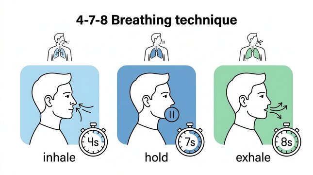 Detailed illustration of the 4-7-8 breathing technique, outlining the precise inhale, hold, and exhale steps crucial for mental clarity.