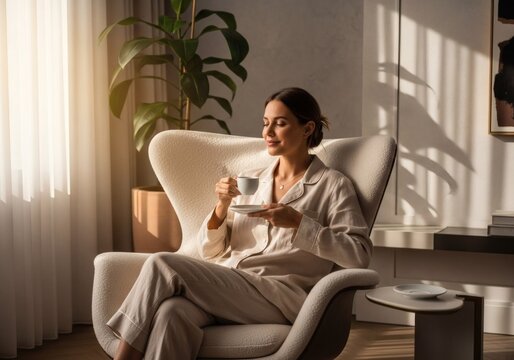 Relaxed woman in cozy pajamas drinking coffee in bright morning light