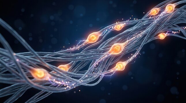 Detailed visualization of vagus nerve fiber, highlighting electrode-like stimulation nodes and intricate signaling activity for vagus nerve stimulation.