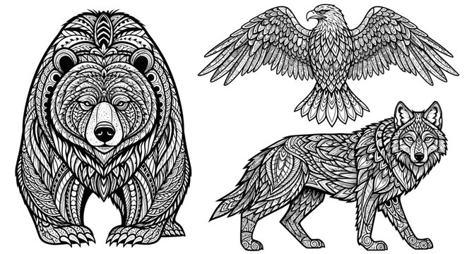 Intricate black and white line art illustrations of a bear, an eagle, and a wolf with detailed patterns.