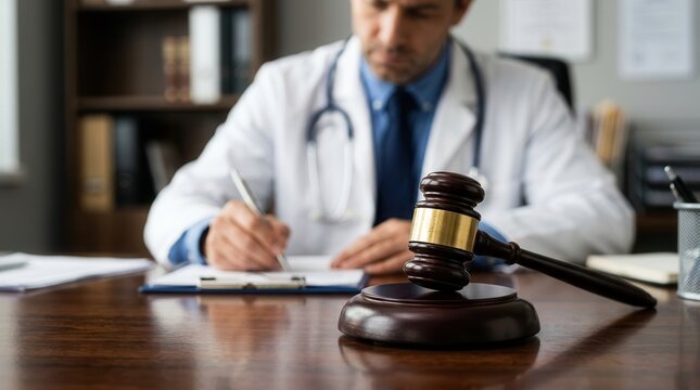 Legal evaluation of medical negligence is symbolized by a gavel on a desk, with a doctor writing in the background for a court proceeding.