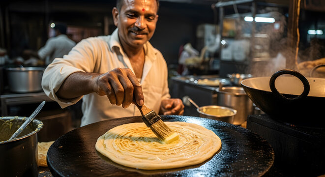 Experienced man preparing traditional dough bread on a large round griddle at night