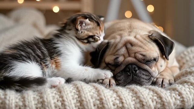 Cute Kitten and Pug Puppy Sleeping Together on Blanket