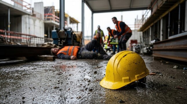 A wet construction aisle with a blurred fallen worker in a safety vest and a yellow hardhat in the foreground, signifying a serious workplace injury and a potential workers' comp claim.