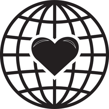 Social responsibility and global support icon set, Globe icon with heart shape overlay symbolizing global love