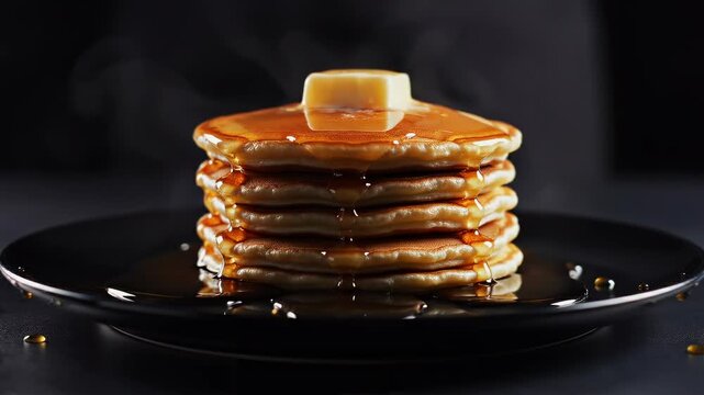 pancakes stack receiving syrup close-up with splash impact on plate, capturing dynamic pour and glossy texture for breakfast food advertising, indulgent taste appeal and rich sweet dessert concept