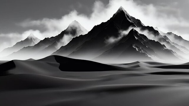 A stark grayscale landscape depicts majestic mountains rising above rolling dunes, shrouded in ethereal clouds.