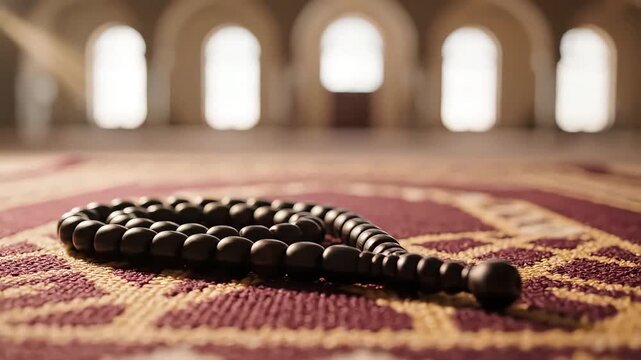 Black prayer beads (tasbih) resting on a traditional patterned prayer rug inside a mosque, symbolizing Islamic devotion and spirituality.