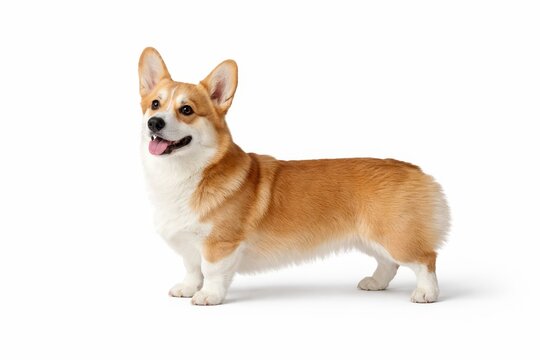 Pembroke Welsh Corgi standing in full body side profile with red white coat erect ears and friendly breed catalog style