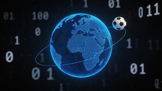 Digital globe with soccer ball and binary code
