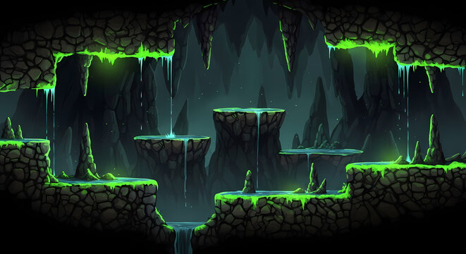 Pixel art game level design with glowing green mossy cavern platforms.