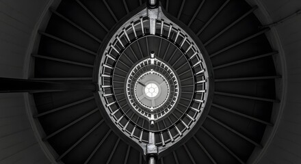 Fototapeta premium Looking directly up a dizzying spiral staircase inside a lighthouse ending in a bright circular light at the top