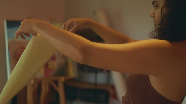 Woman holding paper sheet in indoor studio preparing for creative work calm lifestyle artistic moment