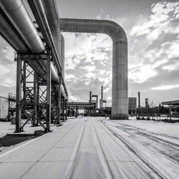 Industrial pipes, plant structures, cloudy sky, black and white perspective