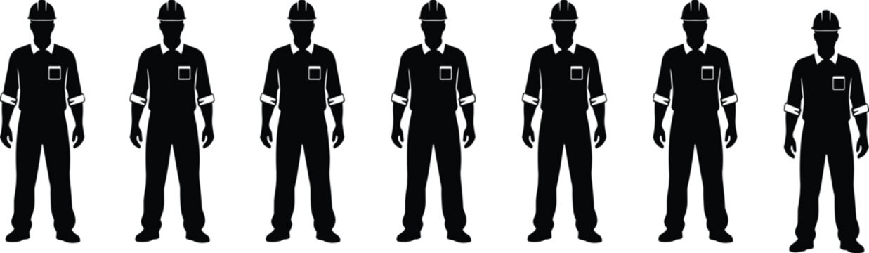 Construction worker silhouettes uniform standing safety helmet labor industrial people black shadow vector illustration collection workforce design set