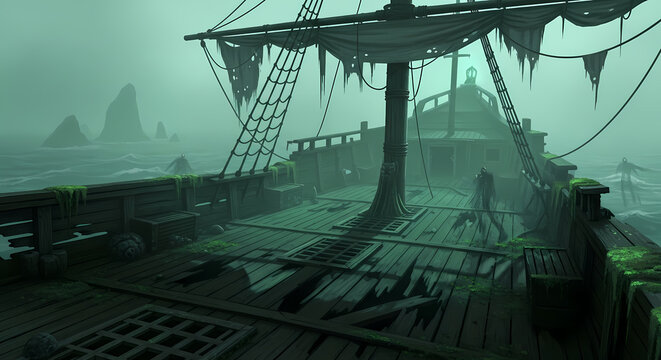 Old weathered wooden deck of a derelict pirate ship.