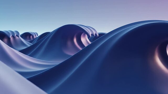 Abstract digital art depicts stylized, flowing blue waves against a soft, gradient sky, creating a serene and dynamic visual.