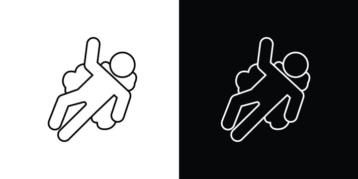 Abstract line art icon featuring a person in a state of freefall or peaceful floating on a soft, cloud-like element, suitable for themes of dreaming, risk, or relaxation