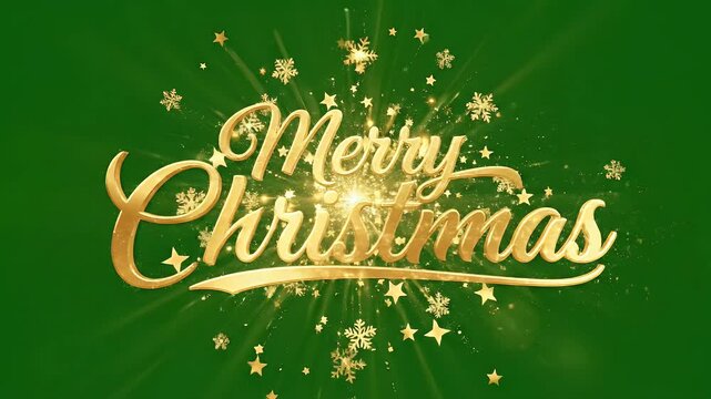 A festive image displays the words 'Merry Christmas' in elegant gold lettering against a vibrant green background, adorned with sparkling golden particles.