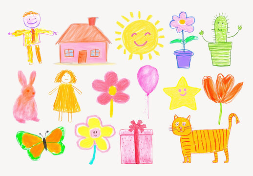 Colorful Child like Doodle Art Element Design Set