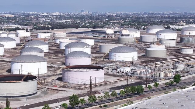 Cinematic Aerial of the Torrance Refinery Floating Roof Tank Farm