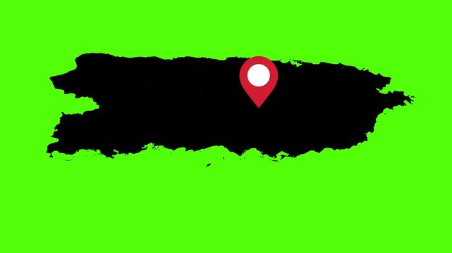 Puerto Rico Map with Location Marker:  An illustrative map of Puerto Rico, featuring a prominent location marker, set against a vibrant green screen backdrop. 